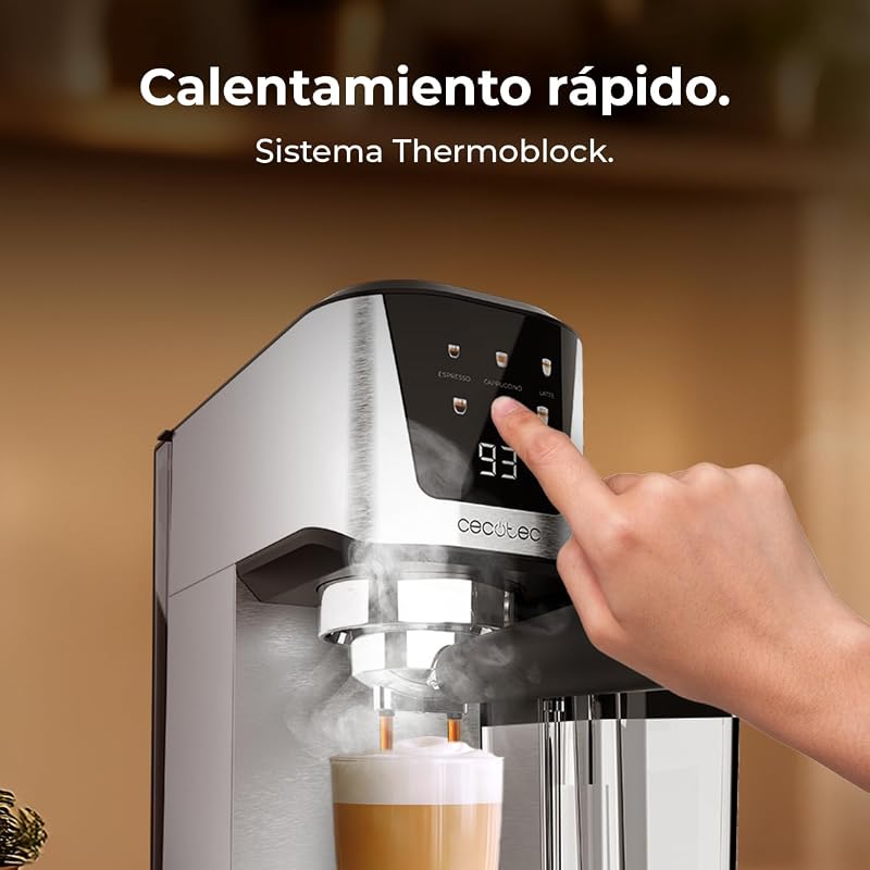 Cecotec Semi-automático Power Espresso 20 Cream Coffee Maker, 20 Bares, Aquecimento Thermoblock, Adequado para Café Moído, Espresso, Cappuccino e Latte, Touch Screen, Tanque de Leite de 700ml e 1L de Água