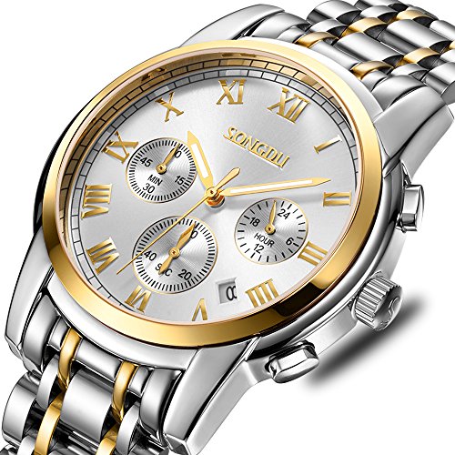 SONGDU Mens Luxury Stainless Steel Watches Casual Date Quartz Wrist Watch (Silver and Gold)