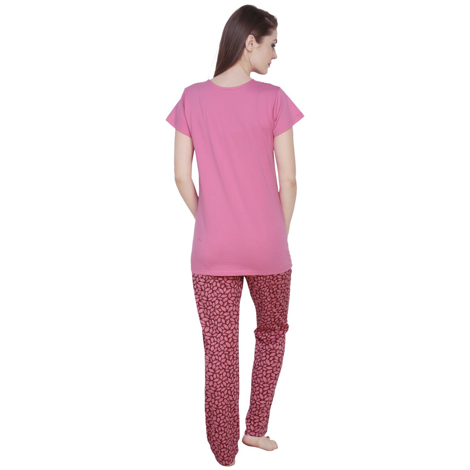 claura floral leaf print pink cotton night suit pyjama set