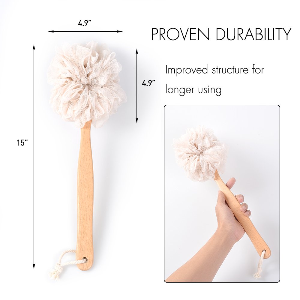 Bath Sponge & Brush Long Handled Loofah Back Scrubber Shower & Bath Exfoliating Pouf Scrubber on a Stick Body Back Brush with a Wood Handle Loofah Mesh for Men & Women By Krramel (Champagne)