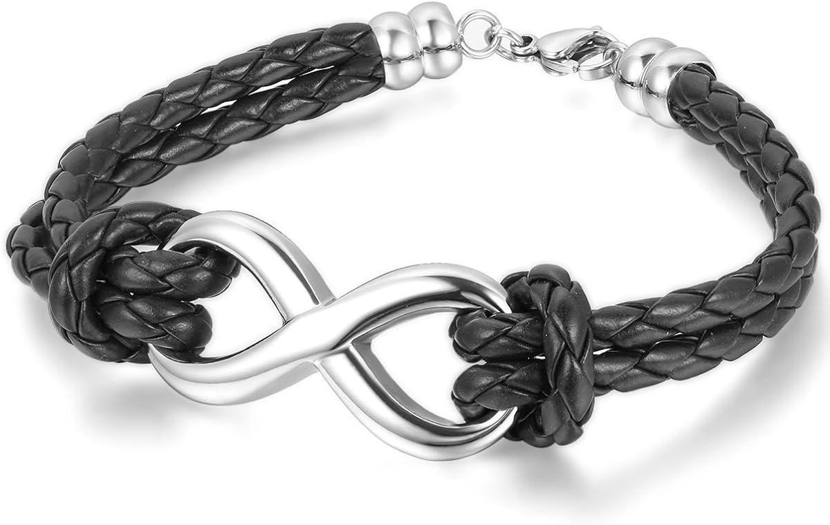 JewelryWe Infinity Love Charm Bangle Leather Stainless Steel Bracelet Men Women, Black