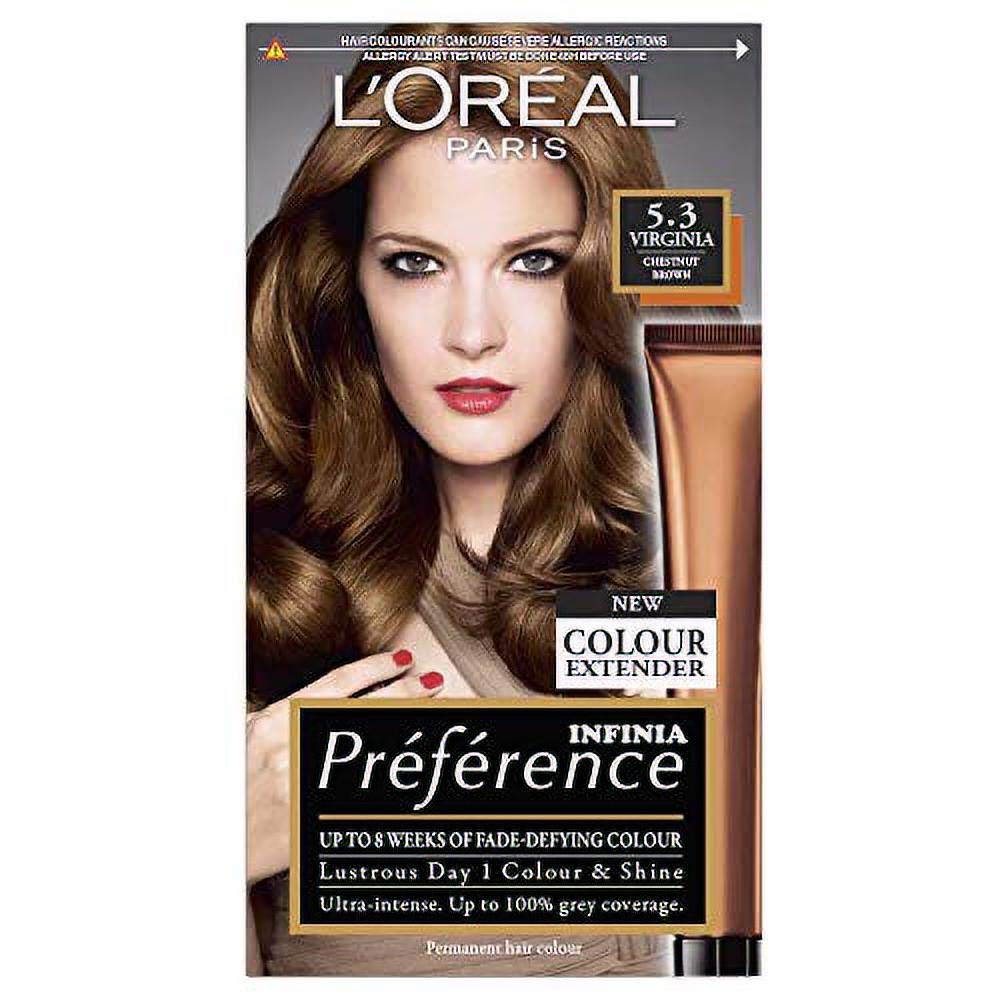 L'Oreal Paris Preference Hair Dye, Long Lasting, Luminous Permanent Hair Colour, 5.3, Virginia, pack of 3
