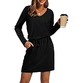 OFEEFAN Fall Dresses for Women 2025 Loose V Neck Long Sleeve T Shirts Casual Sundresses Tie Front A-Line Dresses