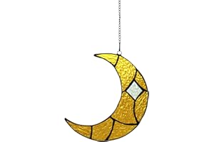 KARHUIMOYI Moon Stained Glass Suncatcher for Window Hangings, Handcrafted Art Glass Crescent Moon Decorations Indoor Window for Living Room Bedroom (Yellow)