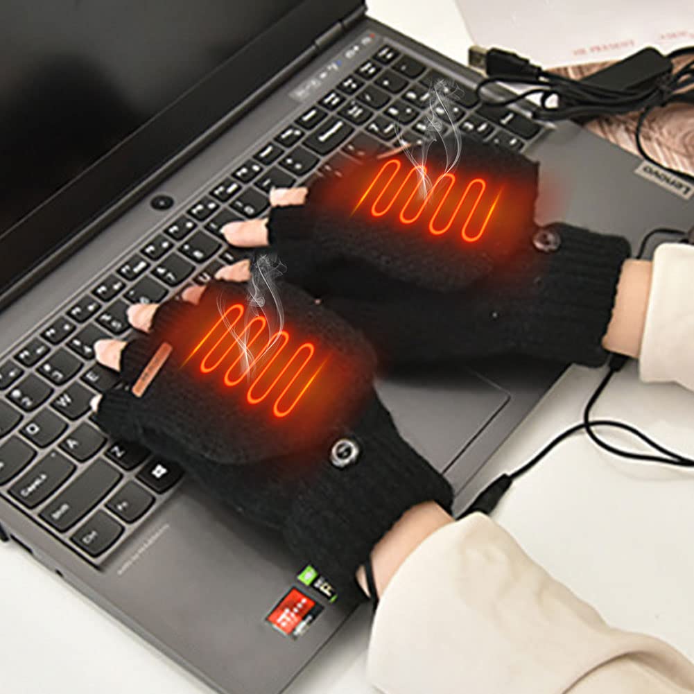 USB Heated Gloves, Winter Hands Warm Gloves Unisex Washable Full & Half Heated Fingerless Hands Warmer Knitting Heating Laptop Gloves Mittens for Men's Women's Gift (Black)