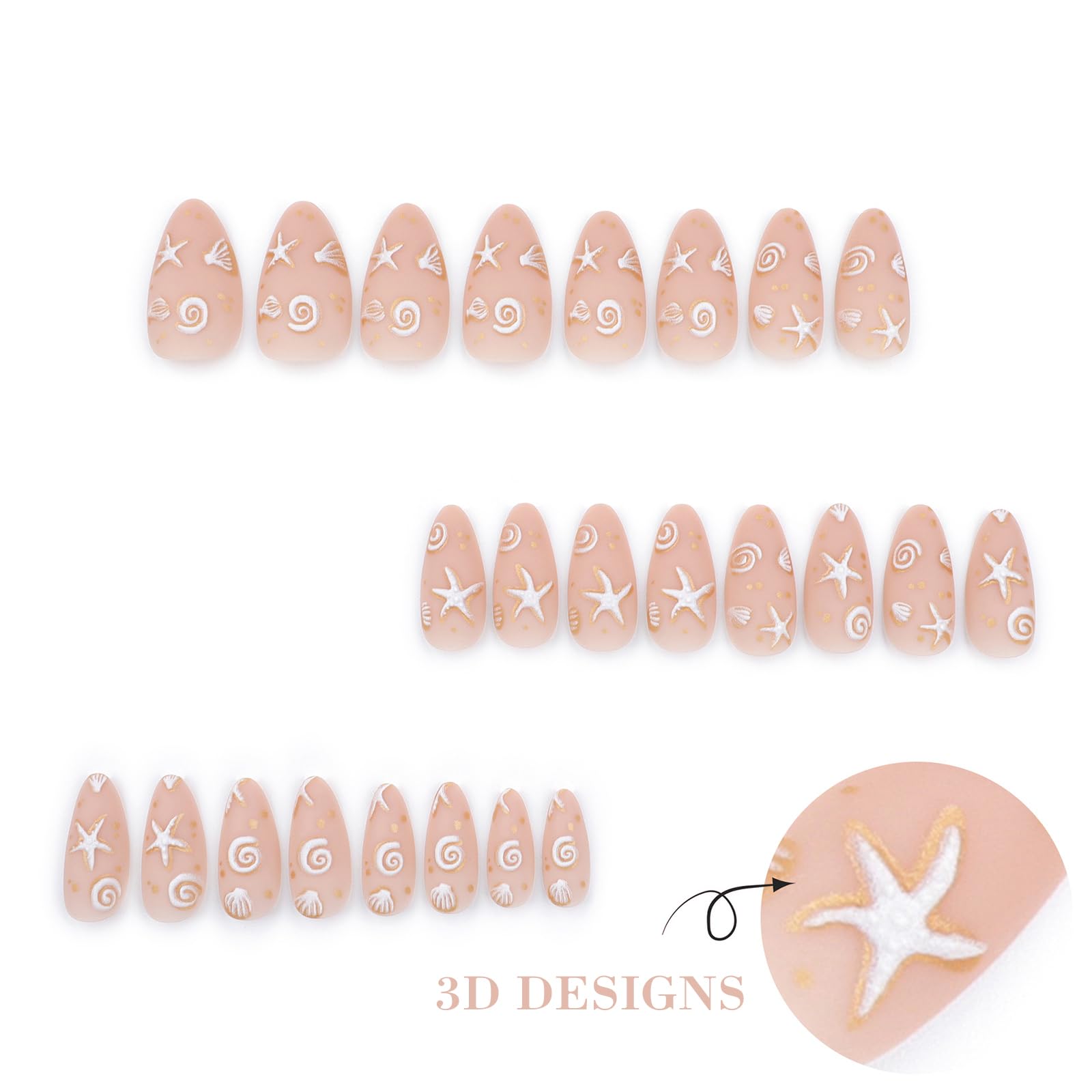 IMRAIN Almond Press on Nails Medium Fake Nails with 3D Sea Star & Shell Designs Full Cover Glue on Nails Matte Nude Artificial False Nails for Women and Girls 24Pcs Cute Stick on Nails - Image 3