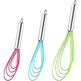 Webake Silicone Flat Whisk Set of 3, Heat Resistant Kitchen Whisks for Non-stick Cookware, Egg Beater Perfect for Blending, Whisking, Beating, Frothing & Stirring