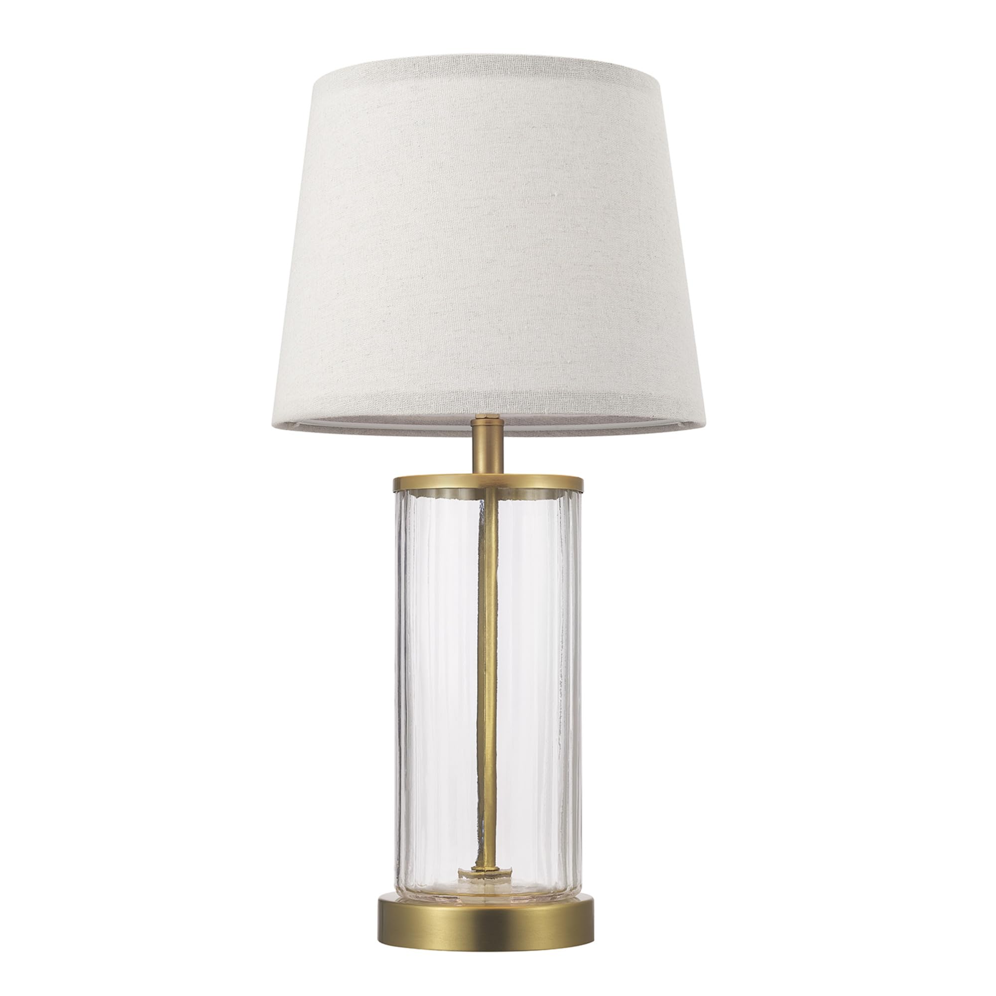 GLOBE Electric 61000063 20" Fillable Ribbed Glass Table Lamp, Matte Brass Accents, Beige Linen Shade, On/Off Rotary Switch on Socket, for Living Room, Bedroom, Office, Home Décor Image