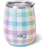 Swig Life 14oz Insulated Wine Tumbler with Lid | Discontinued Prints | Dishwasher Safe, Holds 2 Glasses, Stainless Steel Outdoor Wine Glass (Pretty in Plaid)
