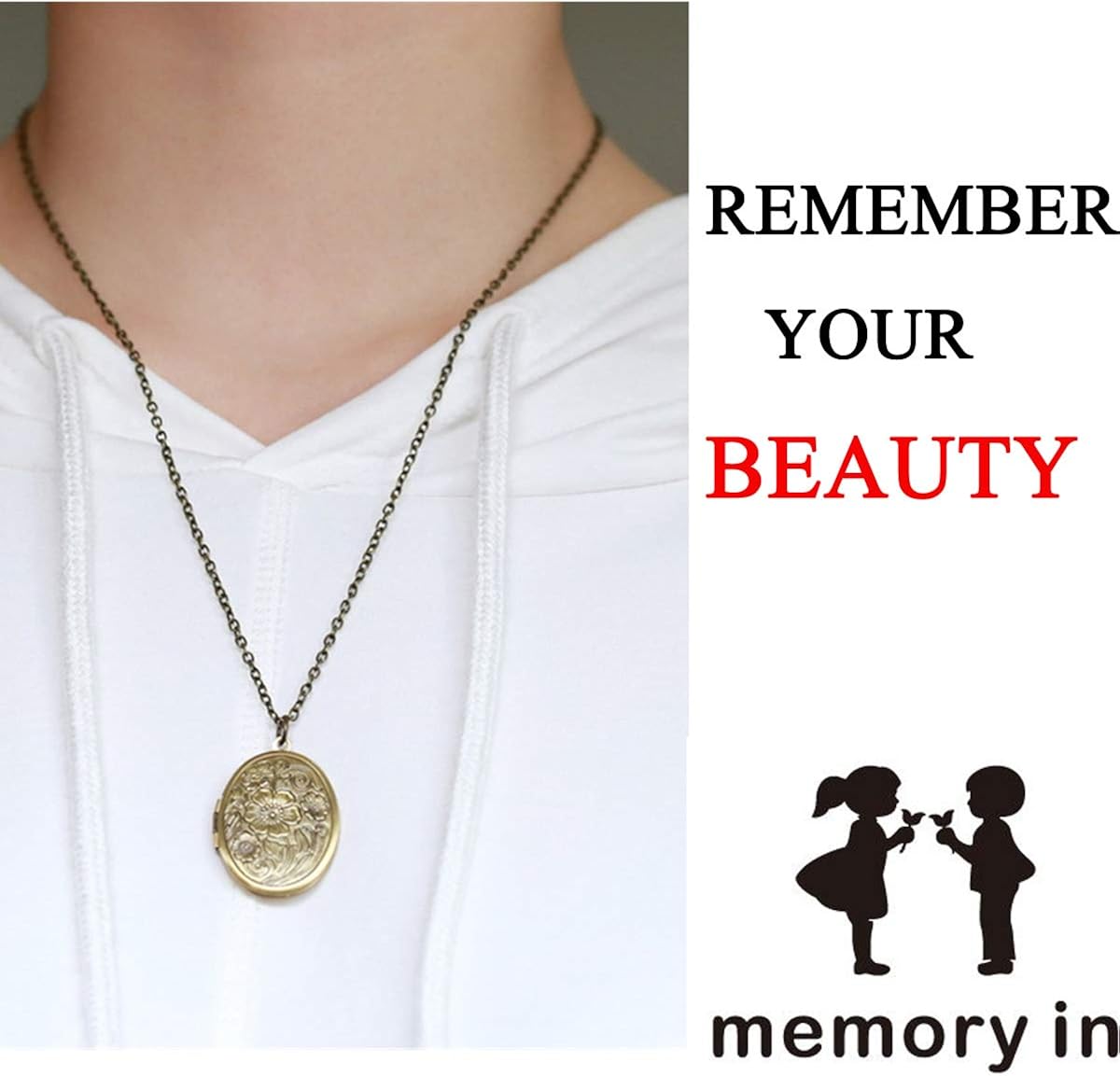 Hsumonre Customize Oval Locket Necklace Text Engraved Antique Bronze Flower Carved Hold Picture Love Memory Pendant Necklace For Couple Silver Gold Plated - Image 3