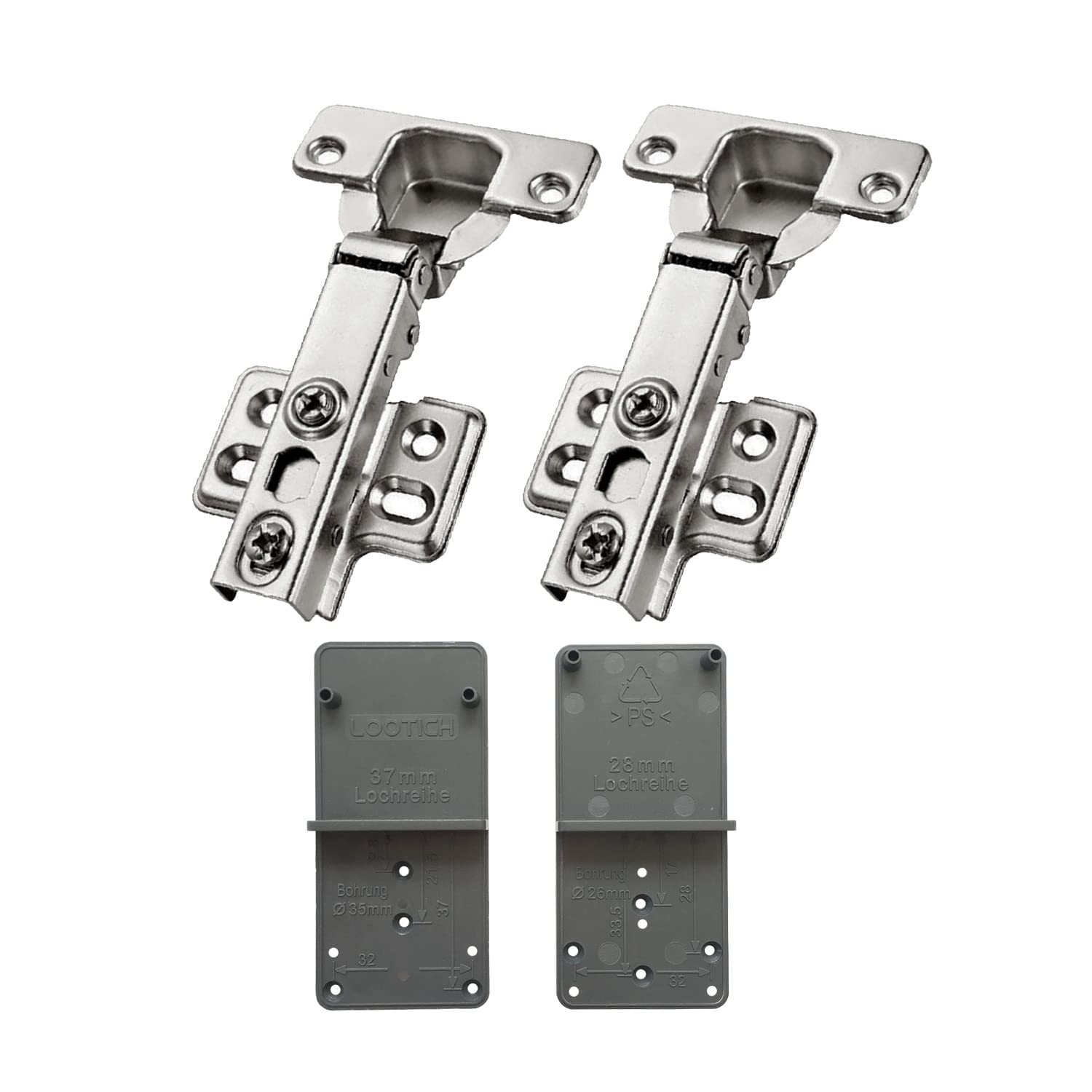 LOOTICH 105 Degree Fixed-On Full Overlay Straight Arm Hinges for Kitchen Cabinet Cupboard Wardrobe Door Hinge with Integrated Soft Closing with Drilling Template Pack of 2