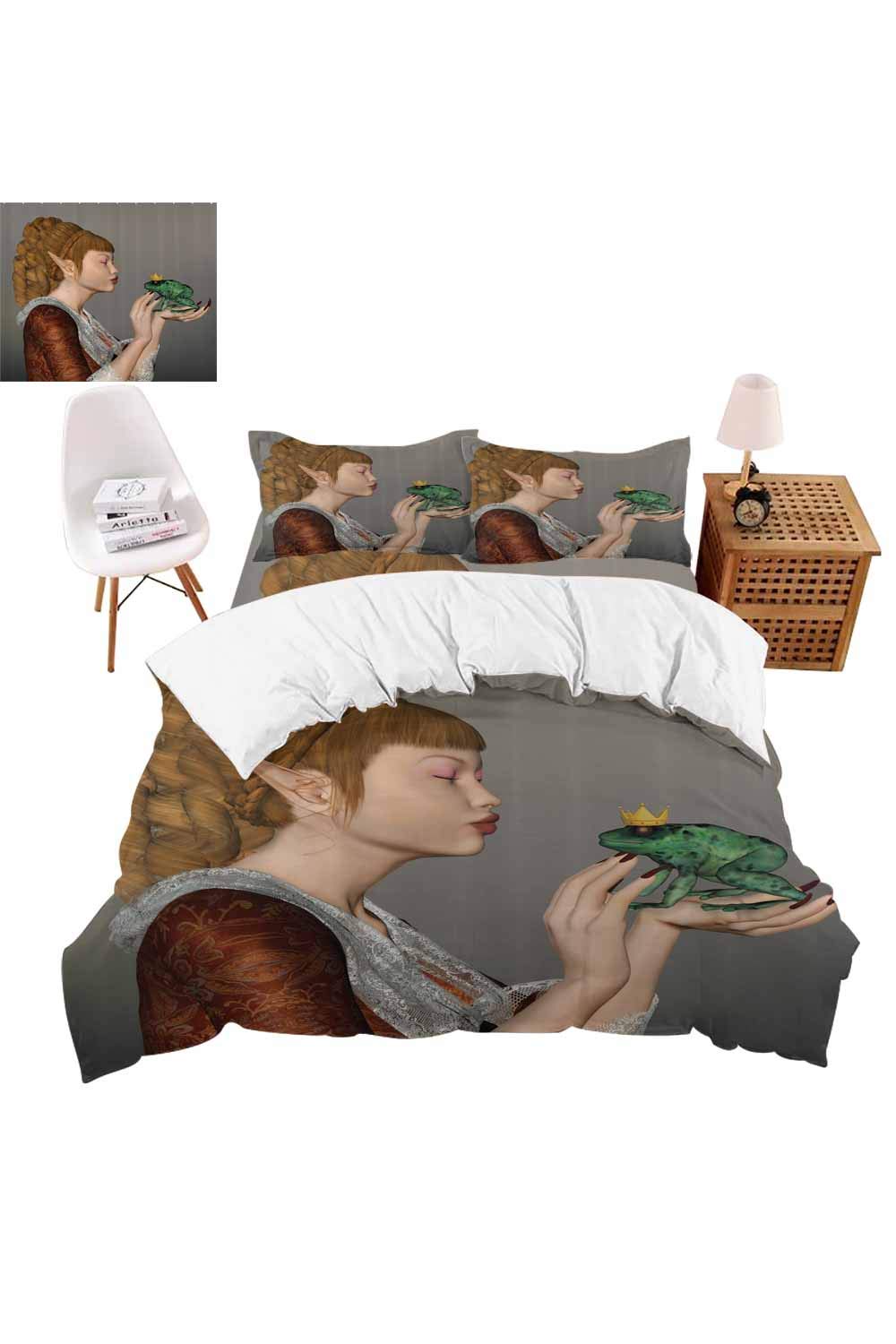 vroselv-home Bedding Sets Duvet Cover 4 Pieces, Princess Kissing Frog Bed Sheets Quilt Cover with 2 Pillowcases for Kids/Teens/Bedroom - Twin Size/NO Comforter