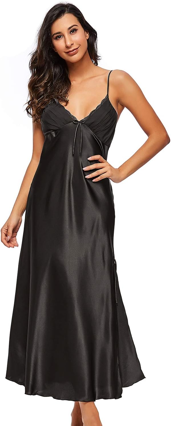 BELLOO Ladies Silk Satin Chemise Nightwear Sexy Long Nightgown
