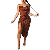 Women's Spaghetti Strap Satin Dress Sexy Backless Drawstring Ruched Split Hem Cocktail Evening Party
