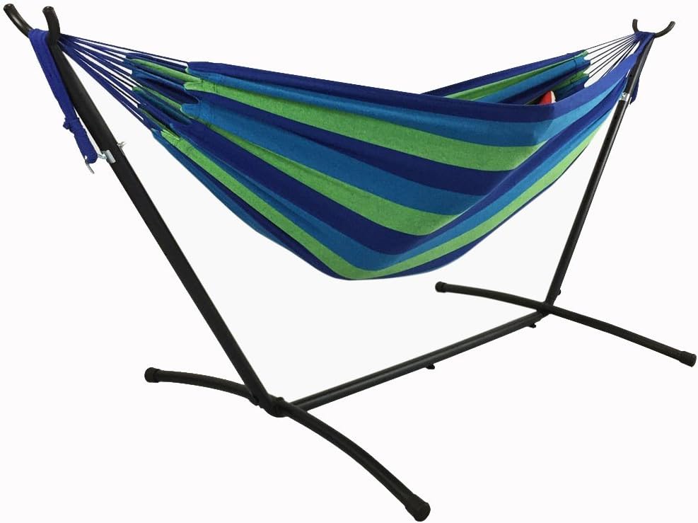 Skyards (ship from US) Camping Double Hammock Chair Bed with Stand and Storage Bag (Blue/Green)
