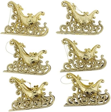 Decorative Elegant Christmas Holiday Glitter Sleigh Ornaments, Gold, Medium, 6 Pack, 5.5" x 4" x 1"