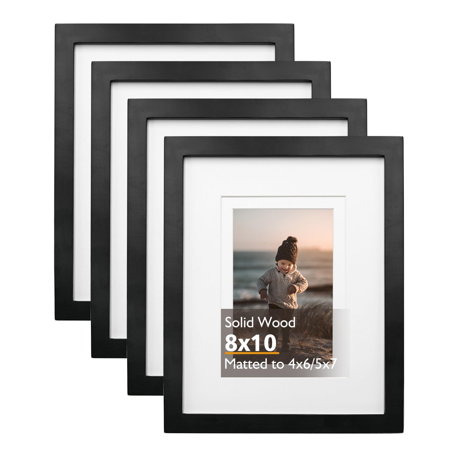 Photo 1 of KINLINK 8x10 Picture Frame Black, Solid Wood Frames with Acrylic Plexiglass for Pictures 4x6/5x7 with Mat or 8x10 without Mat, Tabletop and Wall Display Photo Frame, Set of 4