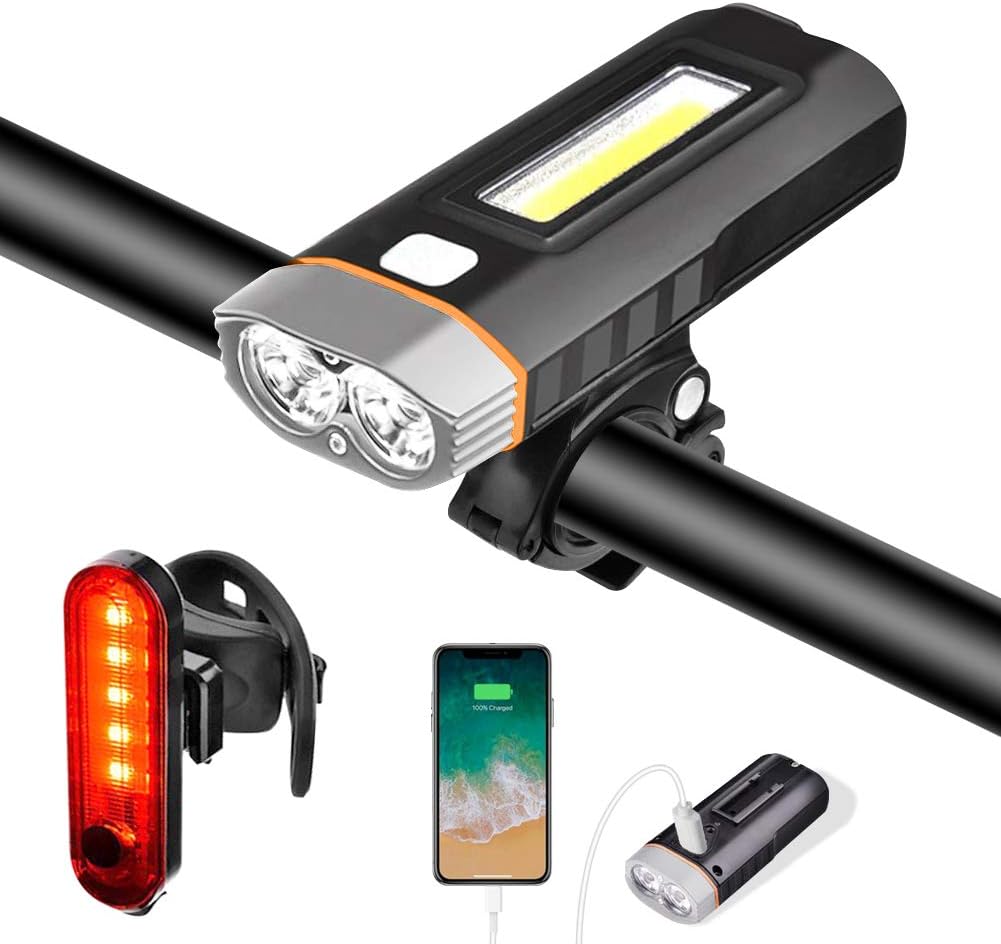Bike Lights Cycle Bicycle Set Mountain MTB Road USB Rechargeable LED Power Bank Front Headlight 4000 mAh IPX5 Waterproof 5 Modes 1000 Lumens, Rear Taillight and Screwdriver Included