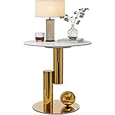 LEFVYUT White Gold Round Side Table, 19.7" Faux Marble Sofa End Table, Modern Nightstand, Small Accent Table with Stainless Steel Frame, for Living Room, Bedroom (Gold, 50cm/19.7")