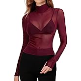 FEORJGP Womens Mesh Long Sleeve Tops Turtleneck See Through Slim Fitted Blouse Sheer Going Out Club Party Fall Tee Shirts