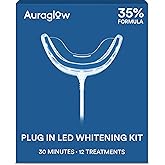 Auraglow Plug-in LED Teeth Whitening Kit – Wired Light Device – 35% Carbamide Peroxide Gel – 12 Treatments – at-Home Tooth Whitening System – Enamel-Safe at-Home Whitening for Coffee & Tea Stains
