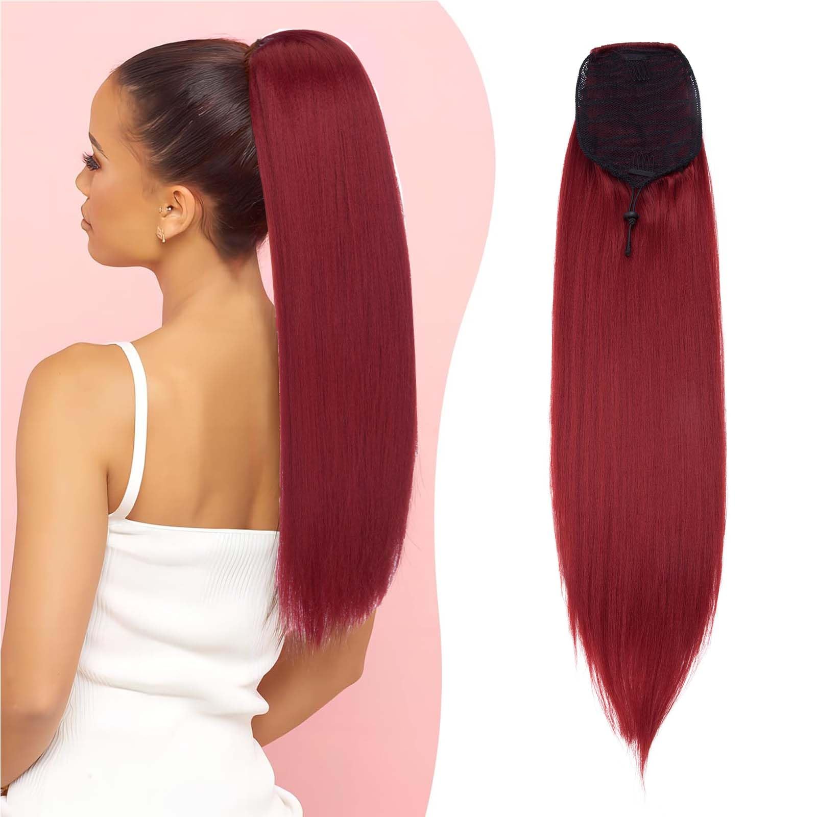 S-noilite Long Ponytail Extension with drawstring clip in ponytail extensions Synthetic hair extensions hairpieces for Women 22 inch Burgundy