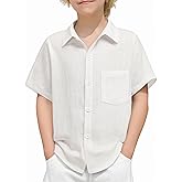 Arshiner Boys Button Down Shirt 100% Cotton Short Sleeve Shirt Solid Summer Beach Shirts with Pocket Size 4-14 Years