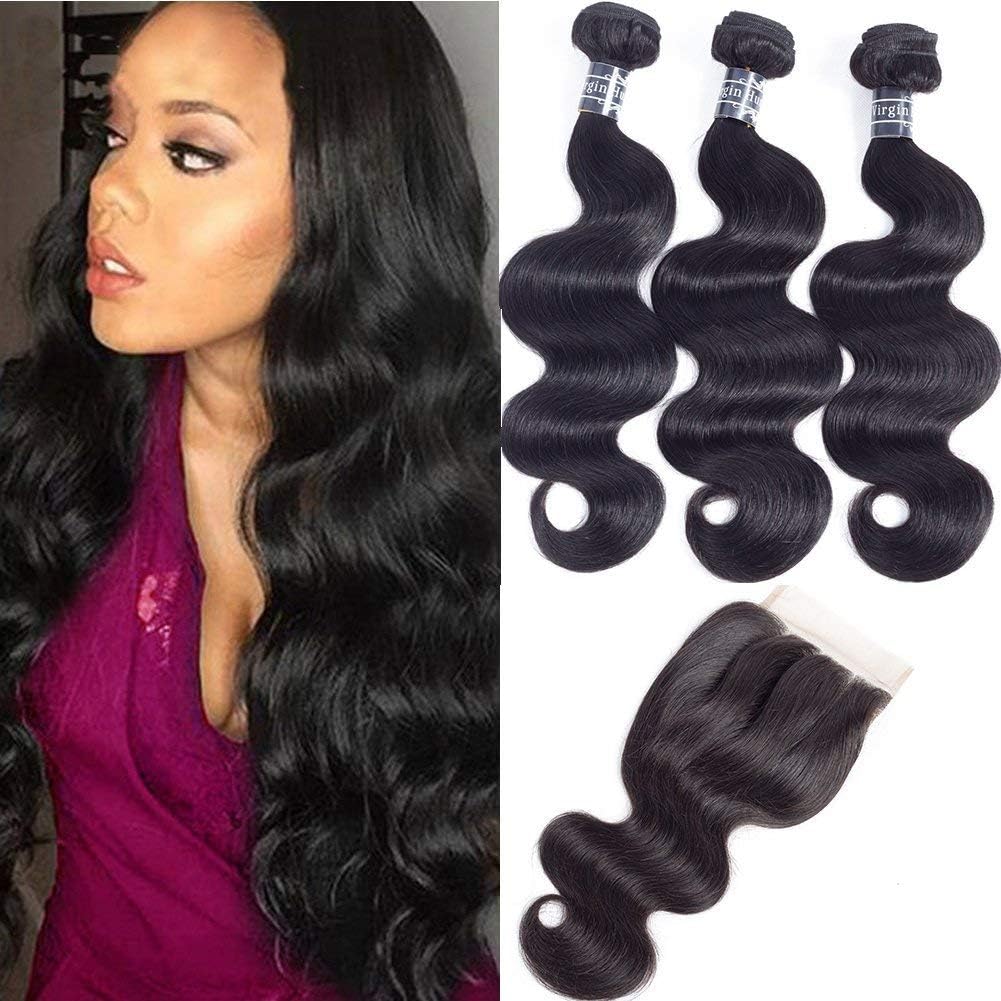 Amella Hair Brazilian Body Wave Virgin Hair 3 Bundles with Closure (10 12 14+10 Closure, Three Part) 8A Unprocessed Human Hair Bundles with Closure Wet and Wavy Hair Extensions