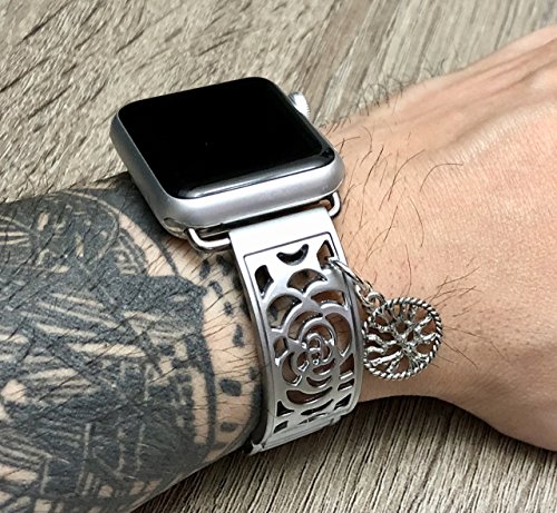 Silver Brushed Aluminum Metal Bracelet For Apple Watch 38mm All Series Handmade Flowers Design Jewelry Band for Apple Watch Vintage Tree Of Life Charm Adjustable Size Fashion Accessory Wristband