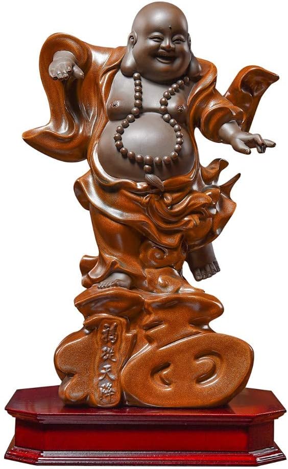 Laughing Buddha Statue For Good Luck Wealth And Happiness,Chinese Golden Ceramic Big Belly Standing Happiness Maitreya Figurine For Zen Meditation,Handmade Sculpture Ornamentfor Home Desk Decor