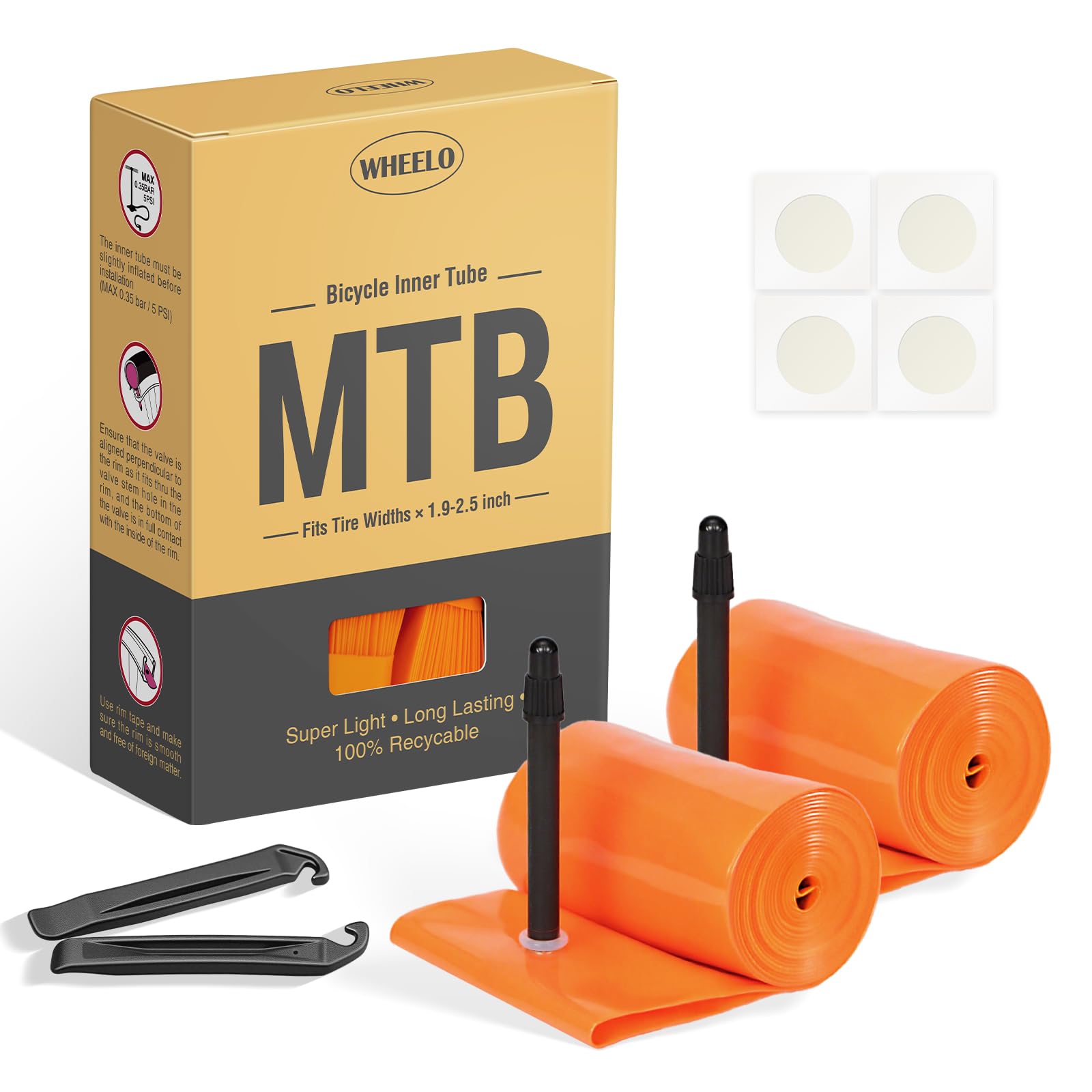 Photo 1 of 2-Pack WHEELO MTB 29x2.1/2.5 Bike Inner Tube, Ultralight Bike Tube with 48mm Presta Valves for Mountain Bike (Include Bike Tube Patch Repair Kit) Orange