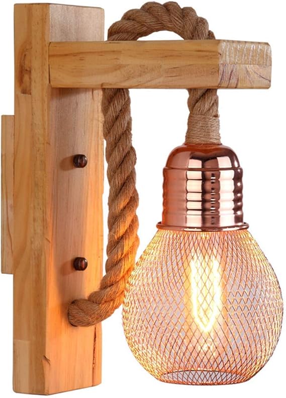 FEEZC Industrial wood Hemp Rope wall light metal lantern lampshade