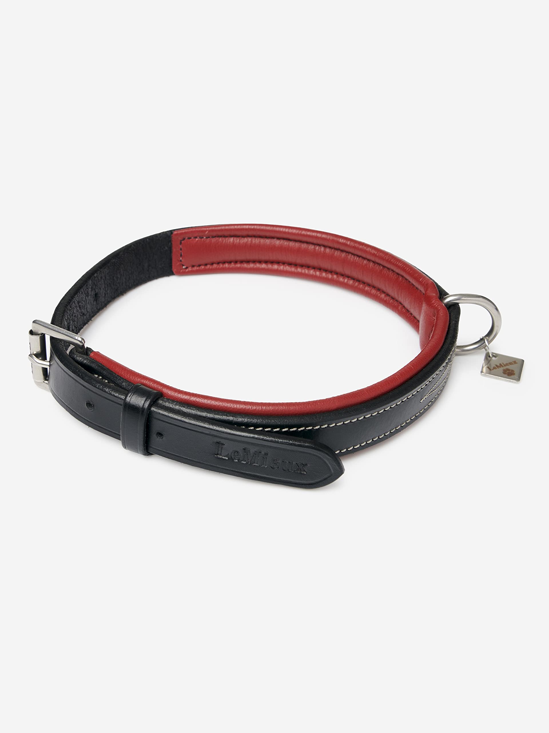 LeMieux Windsor Soft Padded Leather Dog Collar in Black/Burgundy - Outdoor Pet Walking Neckband with Elegant Stitch Details and Metal Hardware - XL