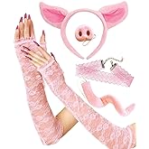 Pig Costume Adult Pink Piglet Accessories Women Sexy Lace Piggy Costumes with Lacey Arm Sleeves, Snout nose, Piggy Headband Ears and Tail with Lace Choker Necklace for Halloween or Cosplay 5 PC