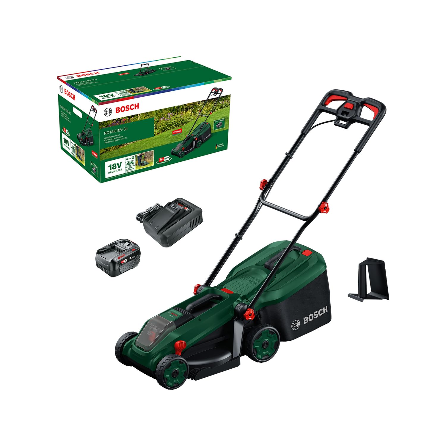 Bosch Akku-Rasenmäher ROTAK18V-34 (Schnittbreite: 34 cm, Schnitthöhe: 25-65 mm, 35 l Stoff-Grasfangkorb, Mulchstopfen, inkl. Akku und Ladegerät)