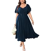 SCOMCHIC Women's Plus Size Wedding Guest Cocktail Dresses Sweetheart Neckline Ruffle Sleeve A Line Maxi Dress