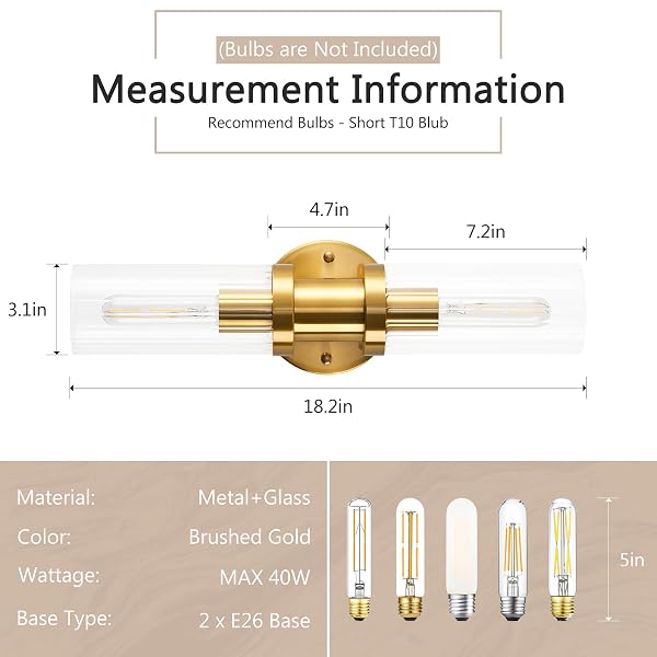 JONSI 2-LIGHT GOLD WALL SCONCE, BRUSHED GOLD BATHROOM VANITY LIGHT FIXTURE WITH GLASS SHADE, 18.2 INCH UP AND DOWN WALL MOUNT LAMP FOR MIRROR HALLWAY KITCHEN LIVING ROOM