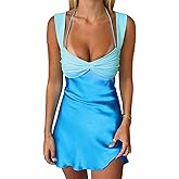 JUMISEE Women’s Sexy Backless Lace Up Satin Mini Dress Flowy Ruffle Hem Vacation Dress Low Cut A Line Short Dresses