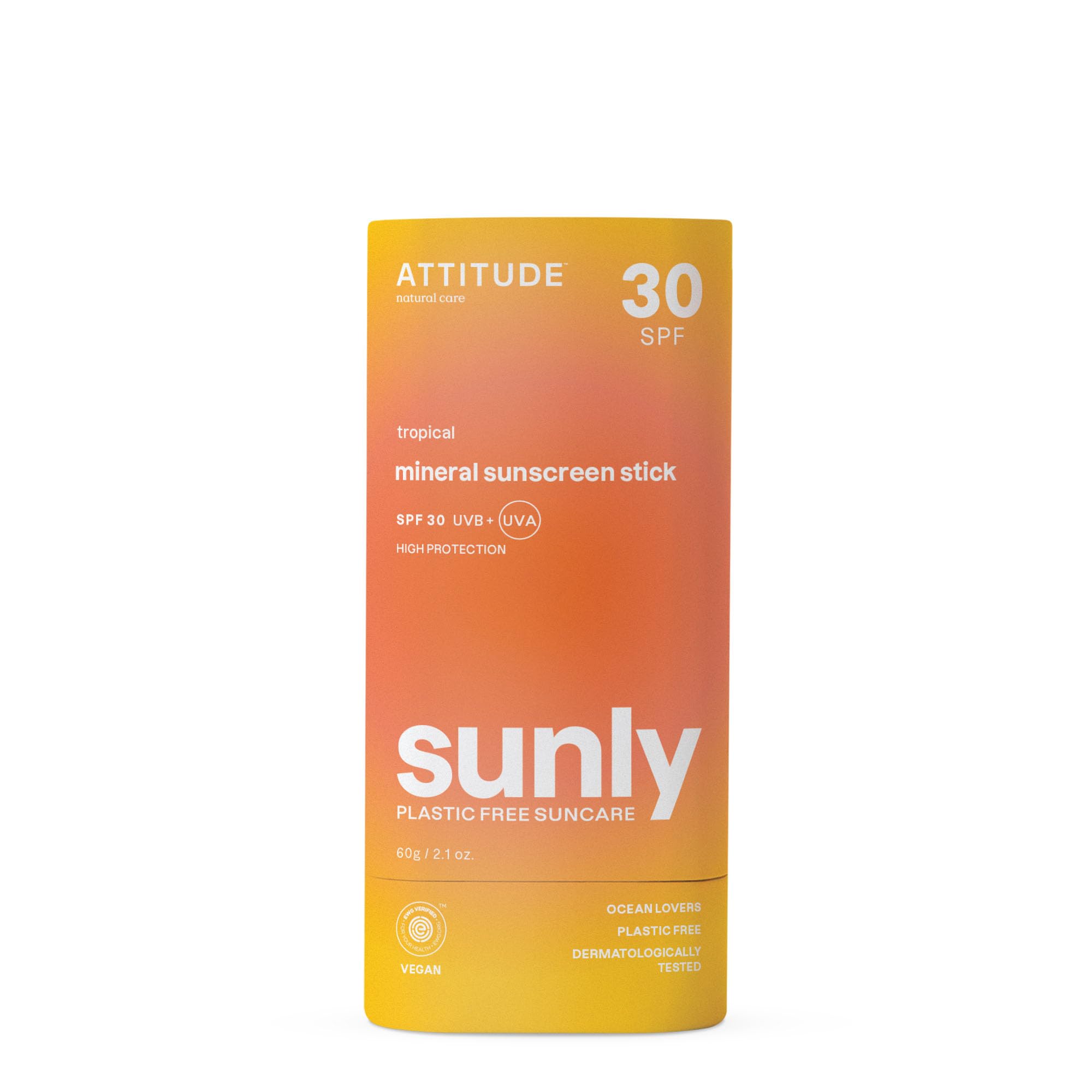 ATTITUDE Mineral Sunscreen Stick with Zinc Oxide, SPF 30, EWG Verified, Plastic-Free, Broad Spectrum UVA/UVB Protection, Dermatologically Tested, Vegan, Tropical, 60 g
