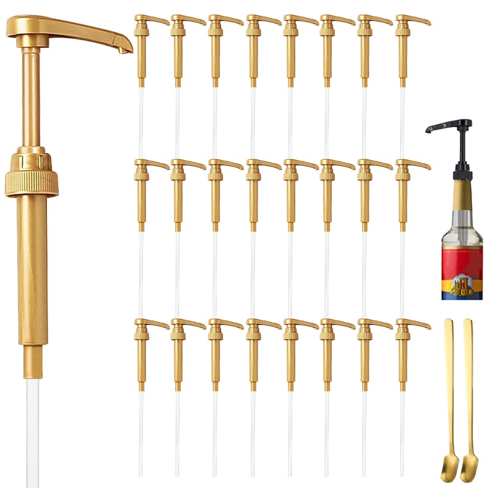 24 Pcs Gold Coffee Syrup Pump Dispenser, Compatible with 25.4 Oz/750ml Bottles, Great for Home & Coffee Bar Drinking Mixes, Tea, Beverage, Cocktails, Plus Spoons — image 1