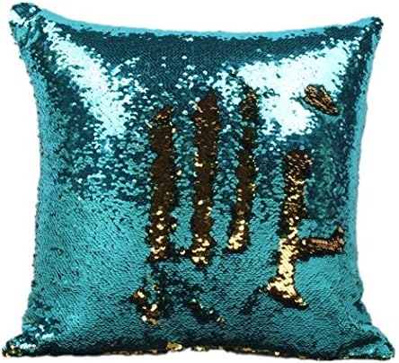 Mermaid Sequin Pillow Case Two Tone Glitter Reversible Cushion Cover DIY Decorative Pillowcase for Sofa, Home Decor 16" X 16"(Lake Blue and Gold), 1 Piece