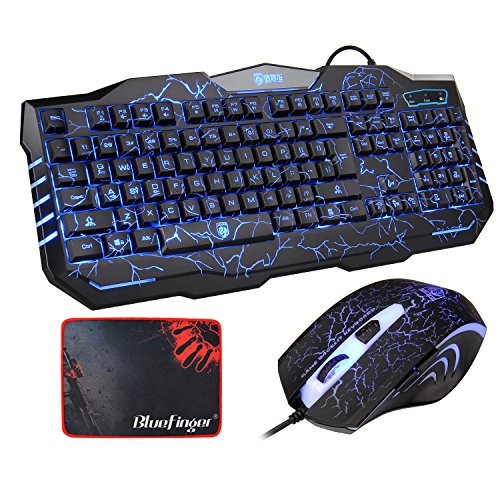 BlueFinger Gaming Keyboard and Mouse Combo, Backlit 3 Adjustable Keyboard and Mouse Set Backlight Crack LED Keyboard + Mouse Pad