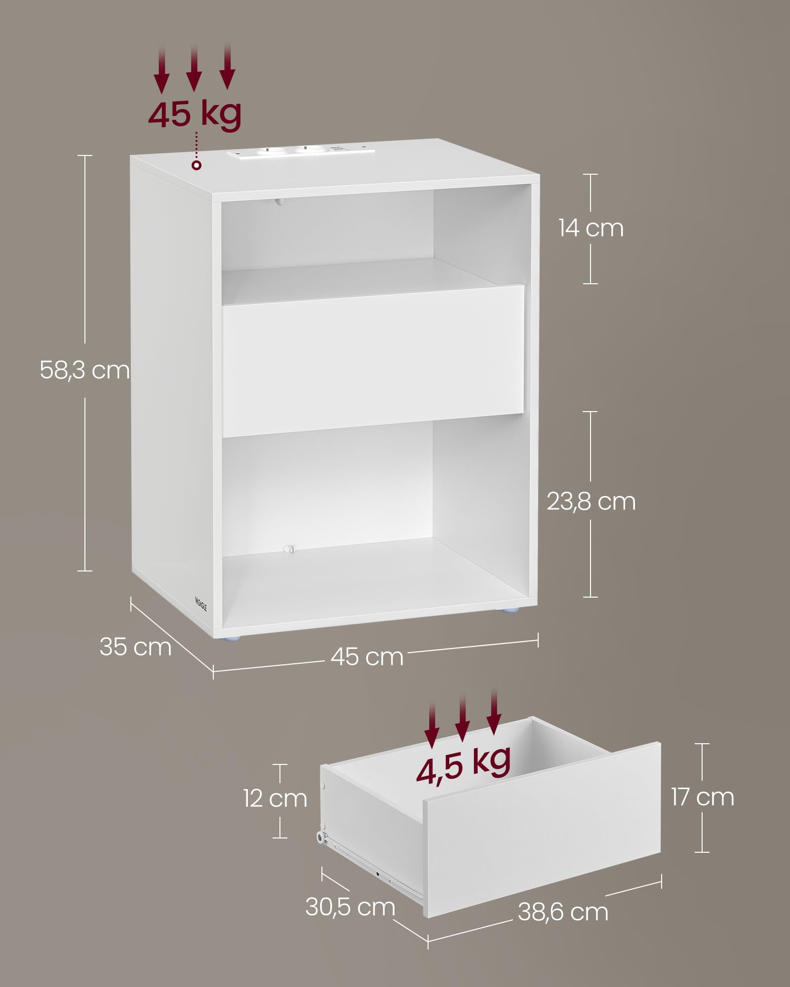 VASAGLE Nachttisch, superschnelle werkzeuglose Montage, Toolless-Technologie, Beistelltisch mit Ladefunktion, Nachtschrank mit Schublade, Schlafzimmer, mattweiß LET777W04 5