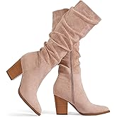 Putu Women's Pointed Toe Knee High Boots Faux Suede Slouch Boots with Chunky Heel