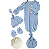 Newborn Baby Knotted Gown Headband/Hat Set Clothes Bamboo Viscose Sleep Gown with Announcement Sign
