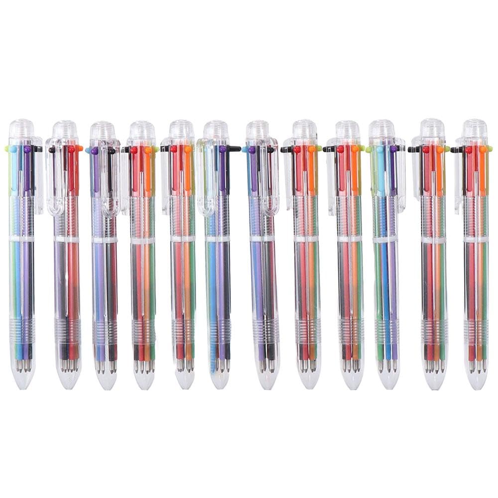 Risedot 12 Pcs Multi Colour 6-In-1 Multicolour Pens, 6 Colors Transparent Barrel Ballpoint Pen