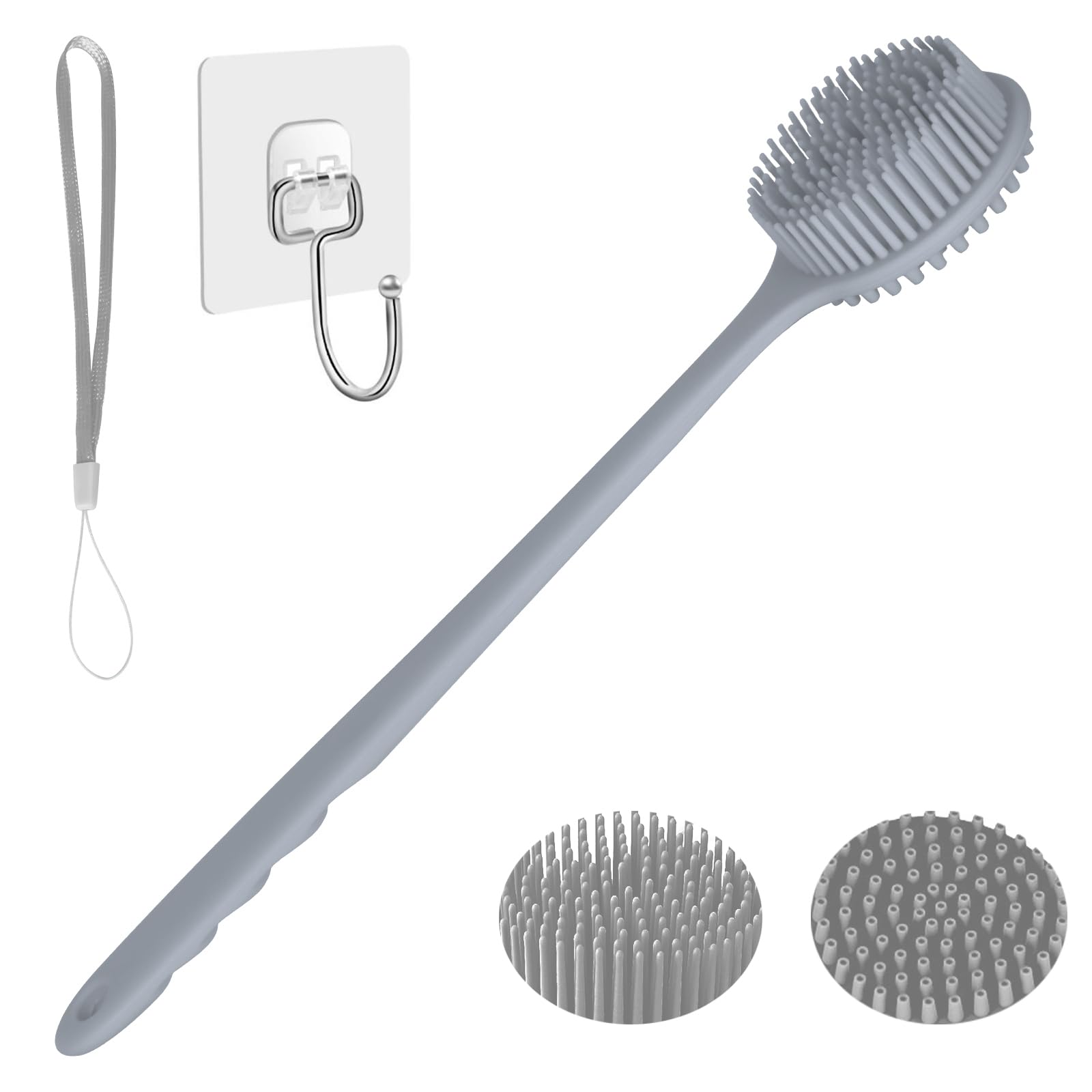 KXF Silicone Back Scrubber 37.5cm Long Handle Double-Sided Shower Body Brush Body Scrubber Bath Wash Brush with Soft Lathering Bristles and Stiff Massage Nodes Gentle Exfoliating Showering Exfoliator