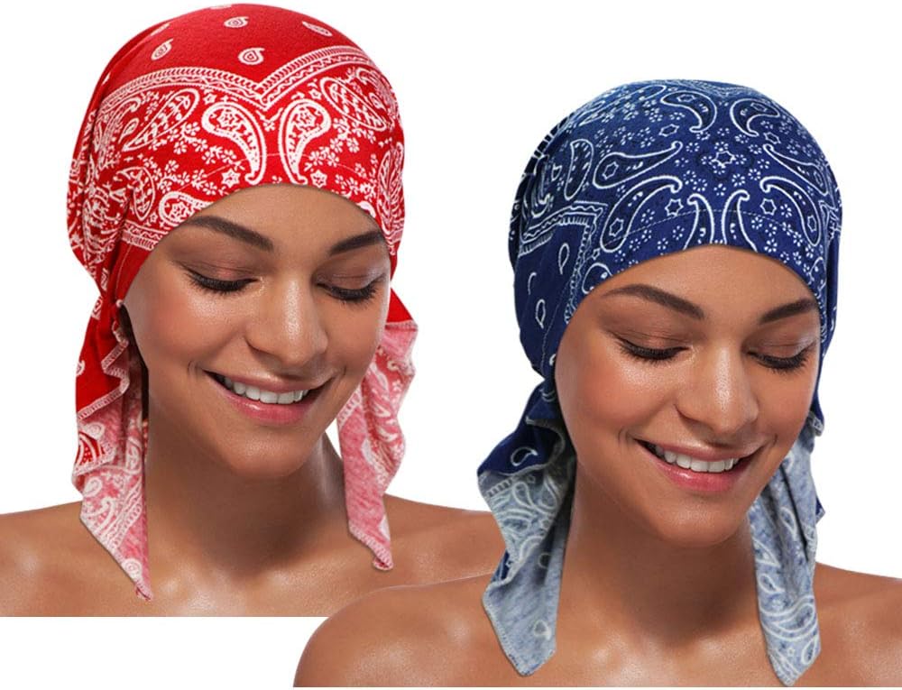 2 Pieces Chemo Hat Turban Beanie, Pre-Tied Headwraps Headwear for Women