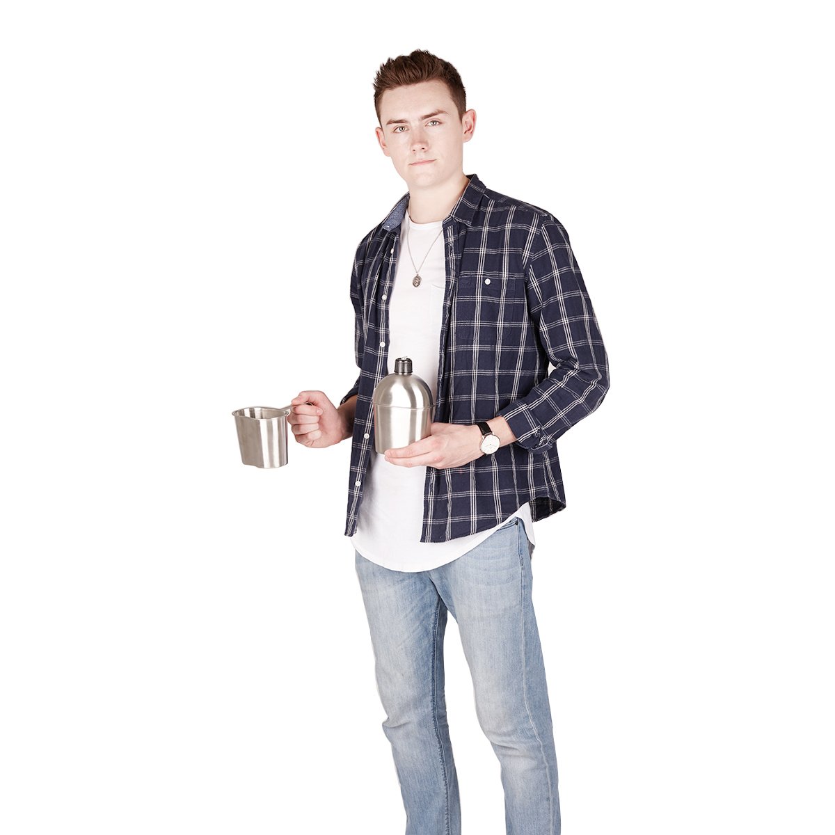 Goetland Stainless Steel WWII US Military Canteen Kit 1QT with 0.5QT Cup Nylon Cover G.I.