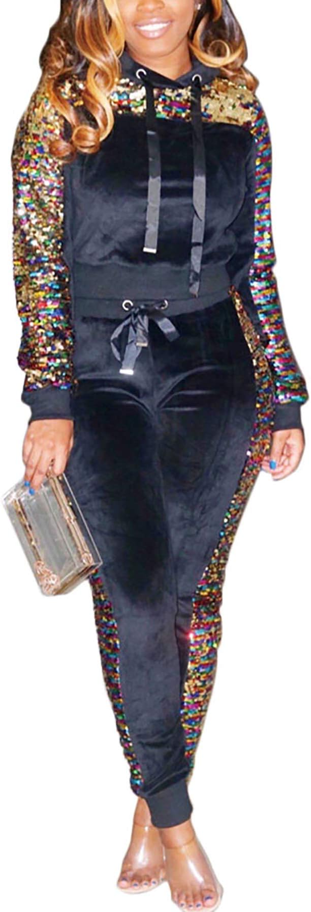Symina Womens Tracksuit Set Women 2 Piece Outfits Sequins Pullover Hoodie and Long Pants Set Tracksuits Jogging Suits Party Clubwear